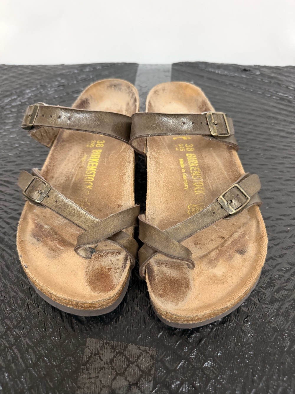 Birkenstock Olive Brown Leather Strappy Slide Sandals L7 M5